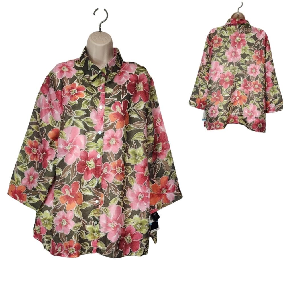 Alfred Dunner Womens Sheer Floral Multi Pink Built-in Top Blouse Plus Size 20W